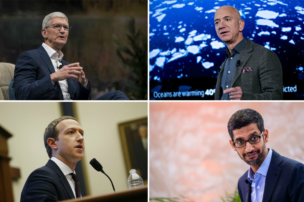 Tim Cook, Jeff Bezos (arriba), Mark Zuckerberg y Sundar Pichai (abajo) aceptaron responder las preguntas del Comité Judicial.