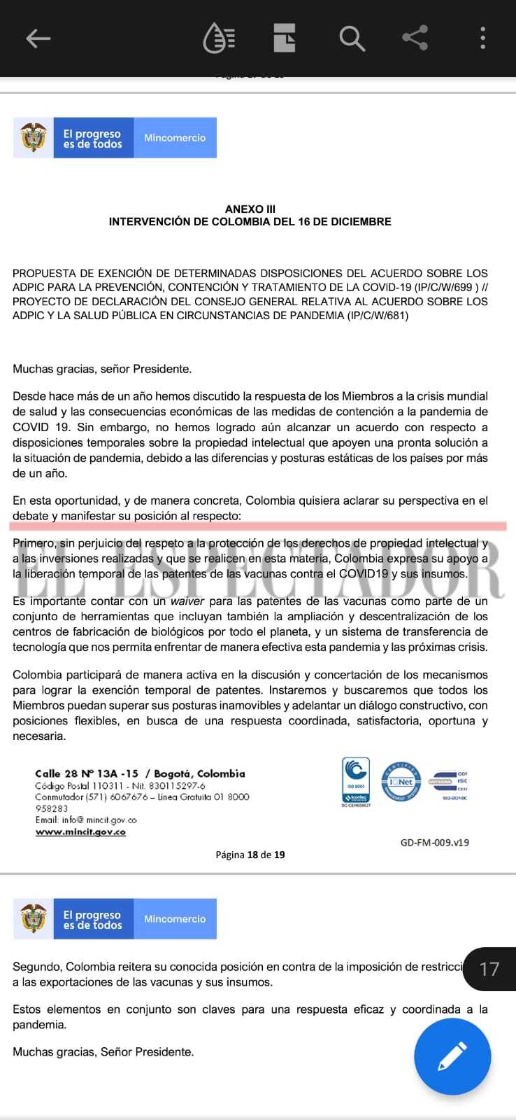 Declaración del Gobierno colombiano en la sesión del consejo del Adpic.