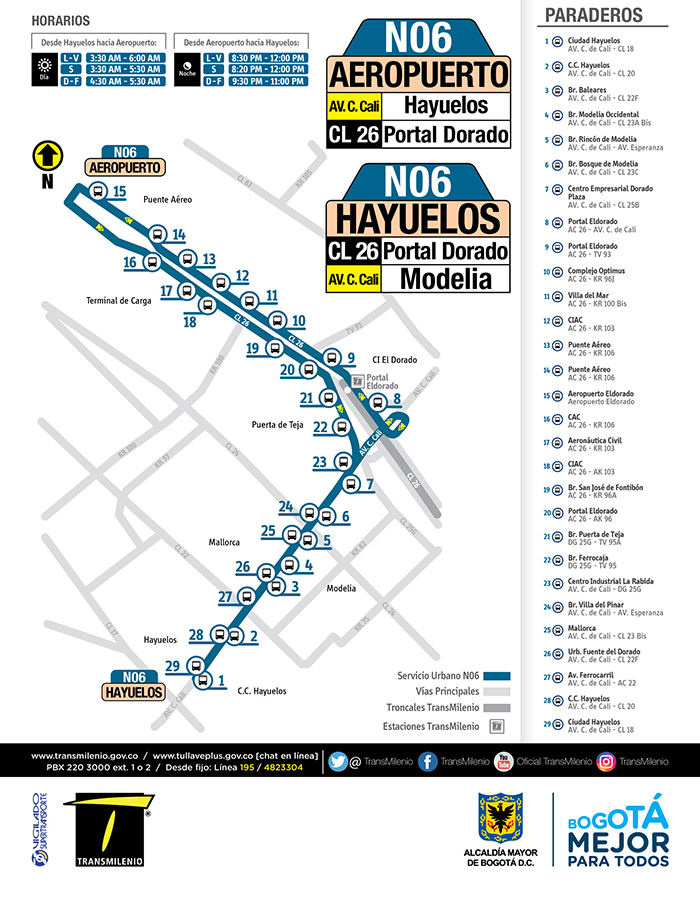 Lunes a viernes de 8:30 pm. a 12:00 pm.Sábados de 8:20 pm. a 12:00 pm.Domingos y festivos de 9:30 pm. a 11:00 pm.N07: cubrirá el recorrido del Terminal del Norte hasta Hacienda Santa Bárbara pasando por la Autopista Norte llegando a Mirandela, Nueva Zelanda, laestación Calle 187 de TransMilenioy Portal Norte.