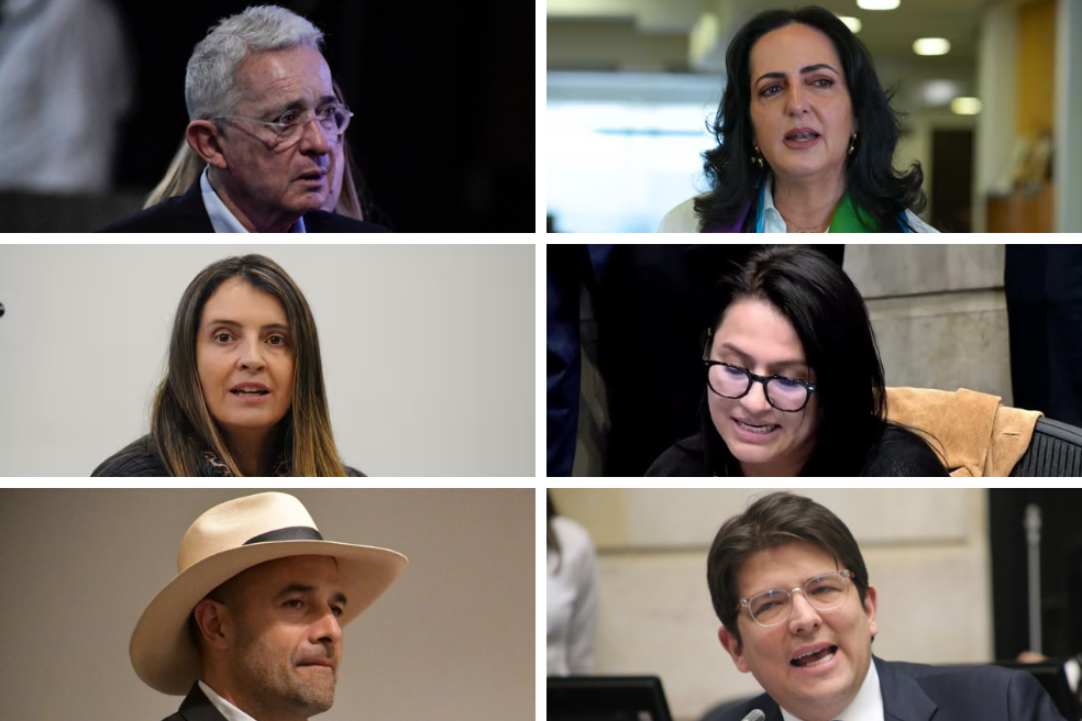 El expresidente Álvaro Uribe y sus precandidatos del Centro Democrático: María Fernanda Cabal, Paloma Valencia, Paola Holguín, Andrés Guerra y Miguel Uribe (se encuentra en la Fundación Santa Fe tras el atentado del que fue víctima el pasado 7 de junio).