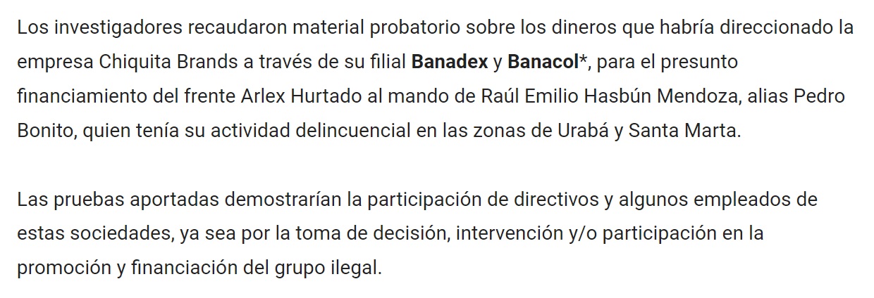 Noticia de la Fiscalía del 31 de agosto del 2018 sobre la investigación contra 13 empresarios de Chiquita Brands.