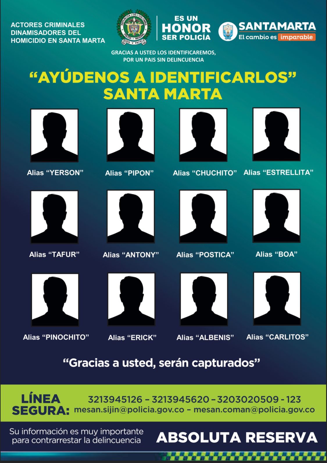 Cartel de siluetas de los más buscados en Santa Marta.