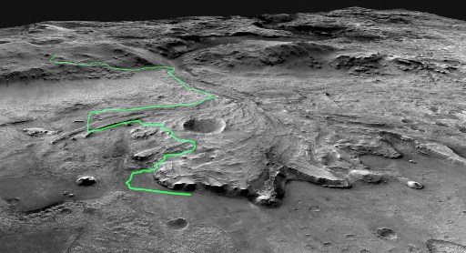 Ilustración de la NASA en la que se traza el posible recorrido que realizaría el rover Perseverance cerca del cráter Jezero.