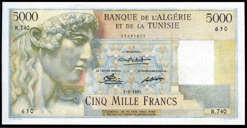 Billete de Argelia de 5.000 francos de 1951 con la representación de Apolo en su anverso.