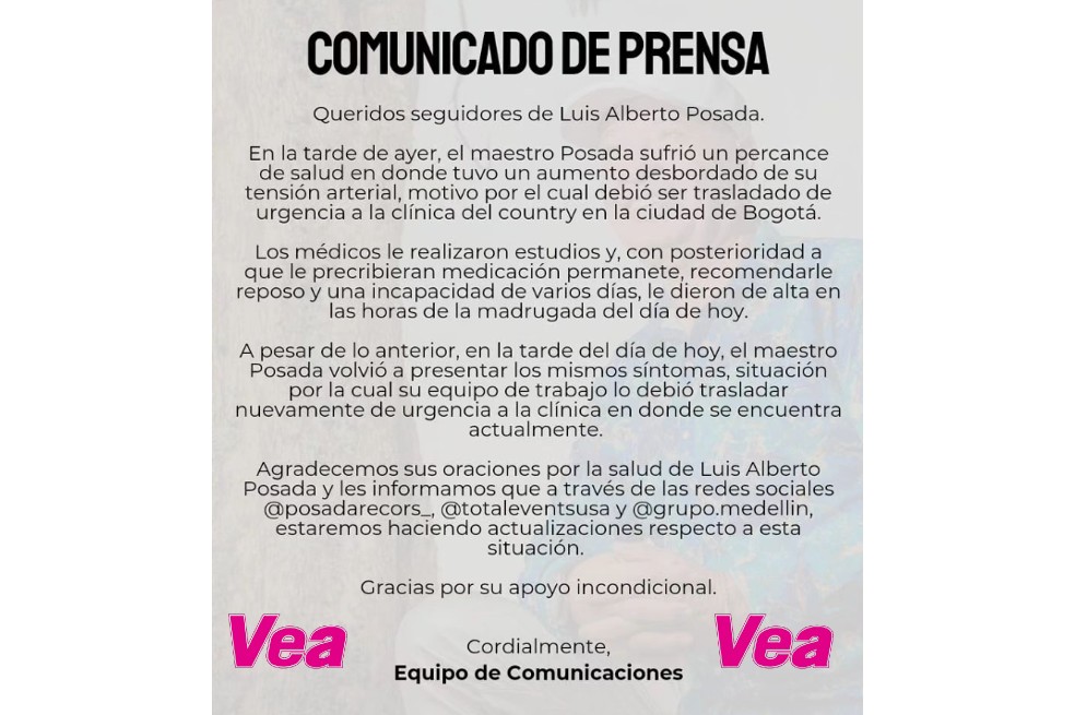 De acuerdo con el equipo de prensa del artista, Luis Alberto Posada presentó delicados quebrantos de salud. Esto se sabe.