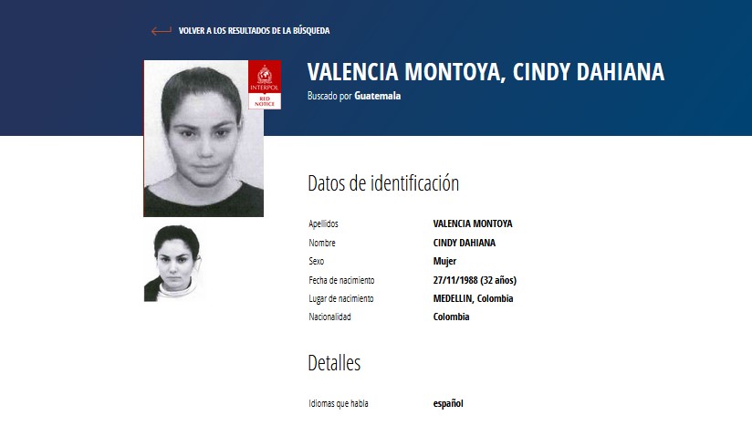 Cindy Dahiana Valencia Montoya.  La buscan las autoridades de Guatemala por el delito de evasión.