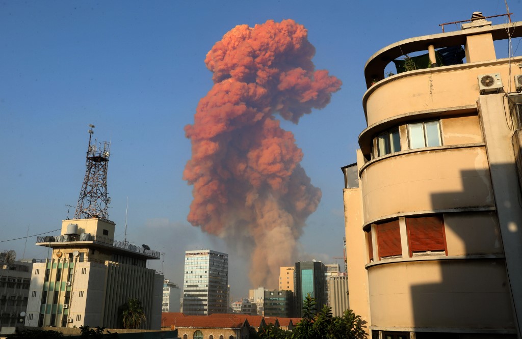 A picture shows the scene of an explosion in Beirut on August 4, 2020. - A large explosion rocked the Lebanese capital Beirut on August 4, an AFP correspondent said. The blast, which rattled entire buildings and broke glass, was felt in several parts of the city. (Photo by Anwar AMRO / AFP)