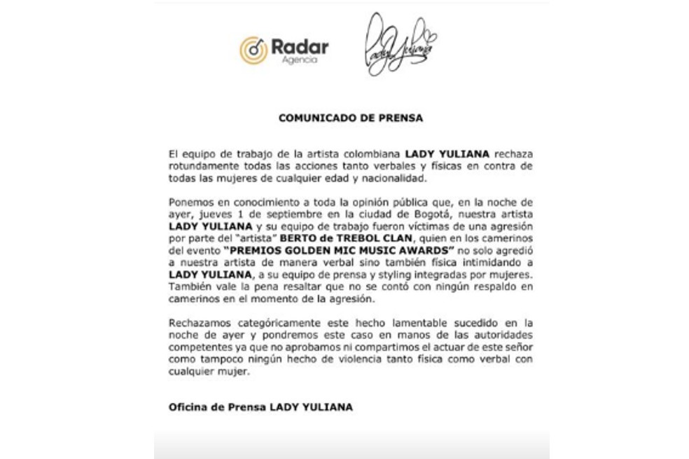 “Una escena tan deprimente e inaceptable”. Evidentemente molesta e indignada, la cantante Lady Yuliana denunció que fue maltratada por un cantante. Te contamos quién es y cómo sucedieron los hechos.