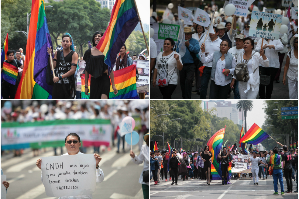 En la misma plaza, opositores y partidarios del matrimonio homosexual marchan en México