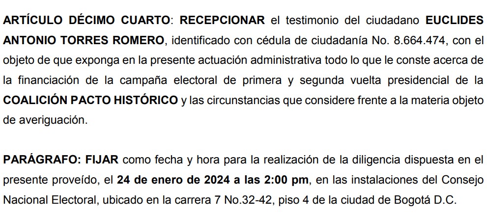 Para el próximo 24 de enero está citado en el CNE el empresario Euclides Torres.