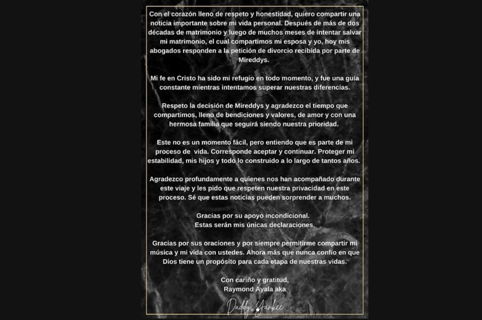 A través de un comunicado, el intérprete de ‘Gasolina’ sorprendió a sus seguidores al anunciar el fin de su relación con Mireddys González, su esposa y madre de sus hijos.