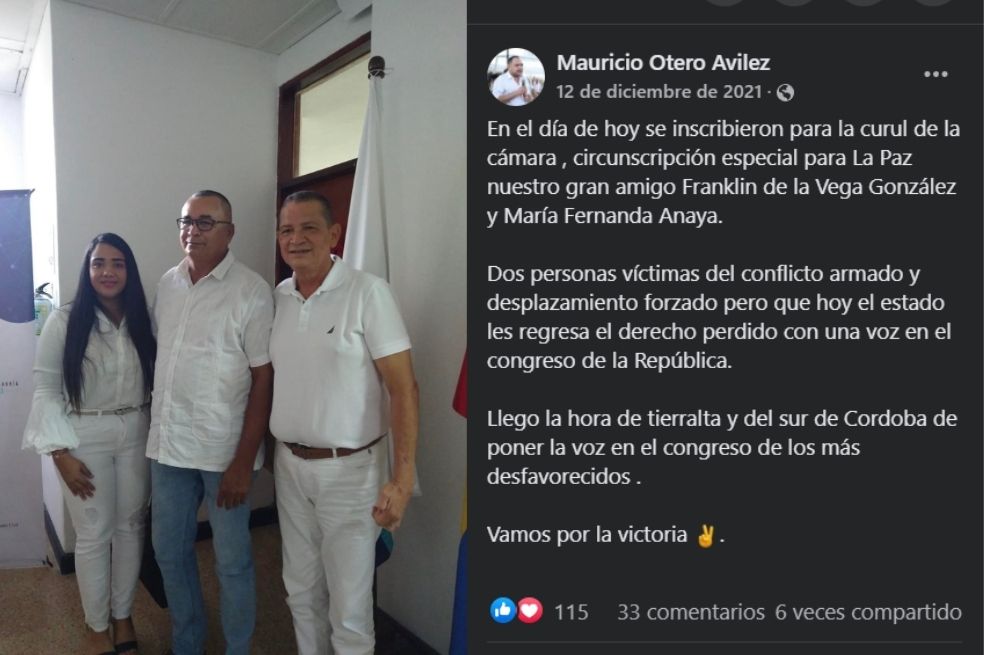 Mauricio Otero, exalcalde de Tierralta, apoyó la candidatura de Franklin de la Vega y su compañera de lista, María Fernanda Anaya.