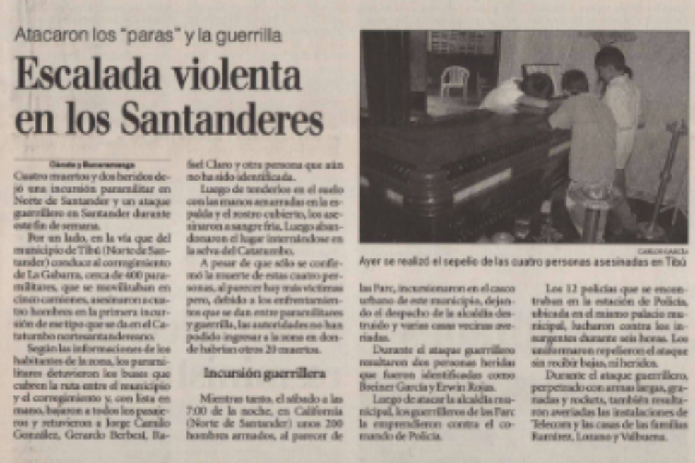 El Espectador registró el suceso en una nota de prensa del 31 de mayo de 1999 como “la primera incursión de ese tipo que se da en el Catatumbo”.