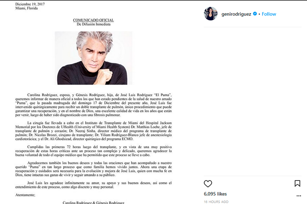«El Puma» agradece apoyo de fans tras doble trasplante de pulmón