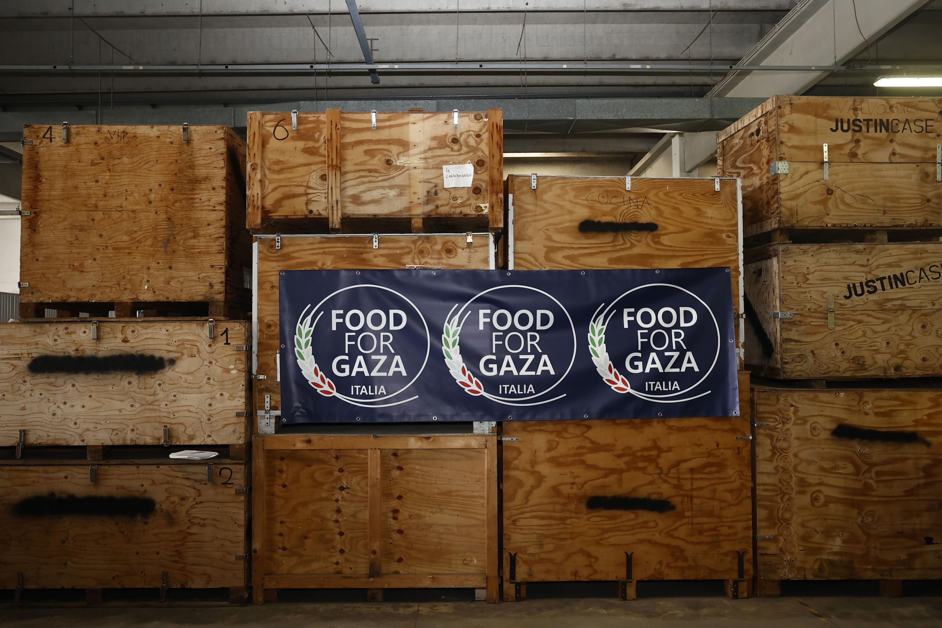 Nepi (Italy), 03/06/2024.- Aid material at the 'Food for Gaza' initiative warehouses in Nepi, near Viterbo, Italy, 03 June 2024. 'Food for Gaza' initiative intended to facilitate the delivery of food aid, alleviate the suffering of the population and ensure food security in the Gaza Strip, according to a foreign ministry statement. ' It is a humanitarian project that we believe is right at a time of great difficulty on the Palestinian civilian population', said Tajani during an event to present the first shipment of aid collected for the initiative. (Italia) EFE/EPA/VINCENZO LIVIERI