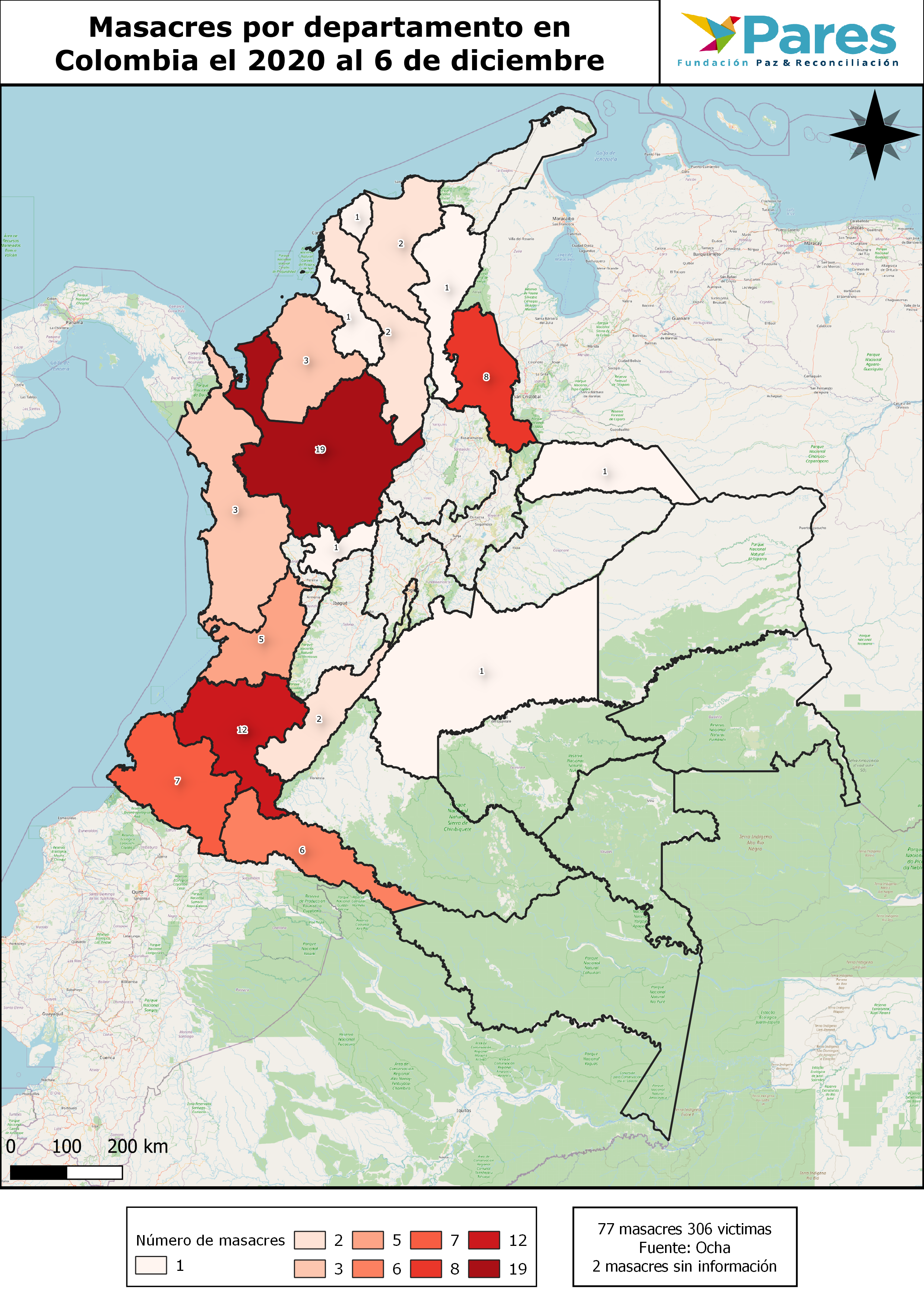 Masacres por departamento ocurridas en 2020.