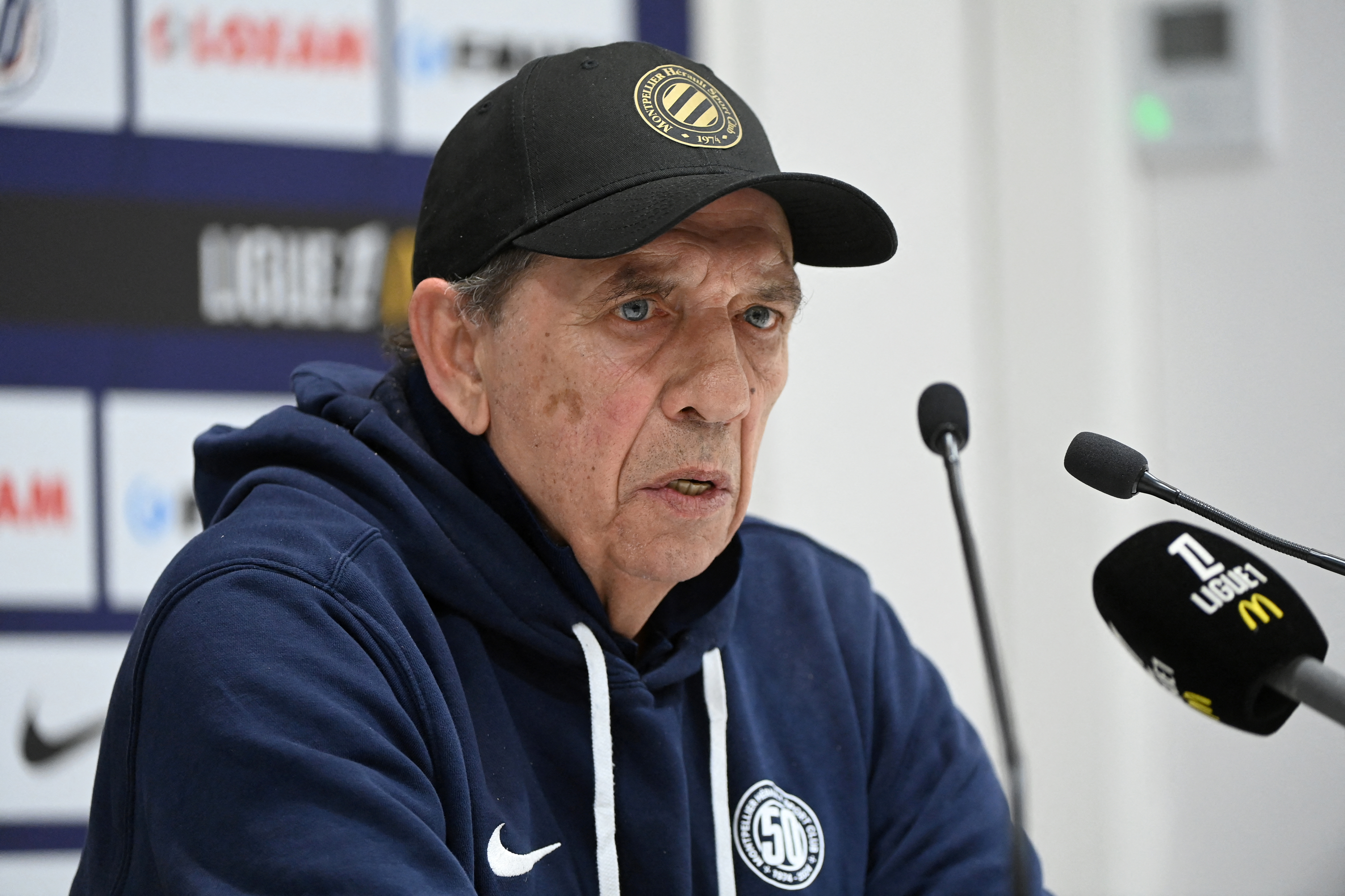 (FILES) Montpellier's French head coach Jean-Louis Gasset delivers a press conference after the French L1 football match between Montpellier Herault SC and AS Saint-Etienne at Stade de la Mosson in Montpellier, southern France, on March 16, 2025.