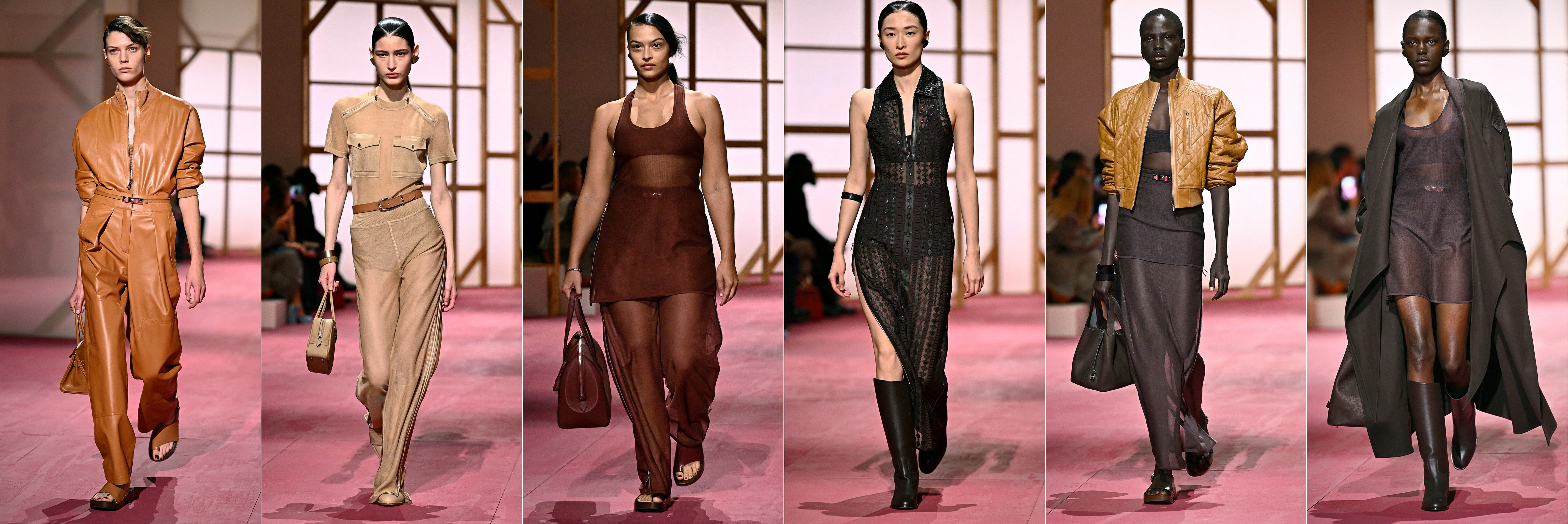 (COMBO) This combination of pictures created on September 28, 2024 shows models presenting creations by Hermes for the Women Ready-to-wear Spring-Summer 2025 collection as part of the Paris Fashion Week, in Paris on September 28, 2024.