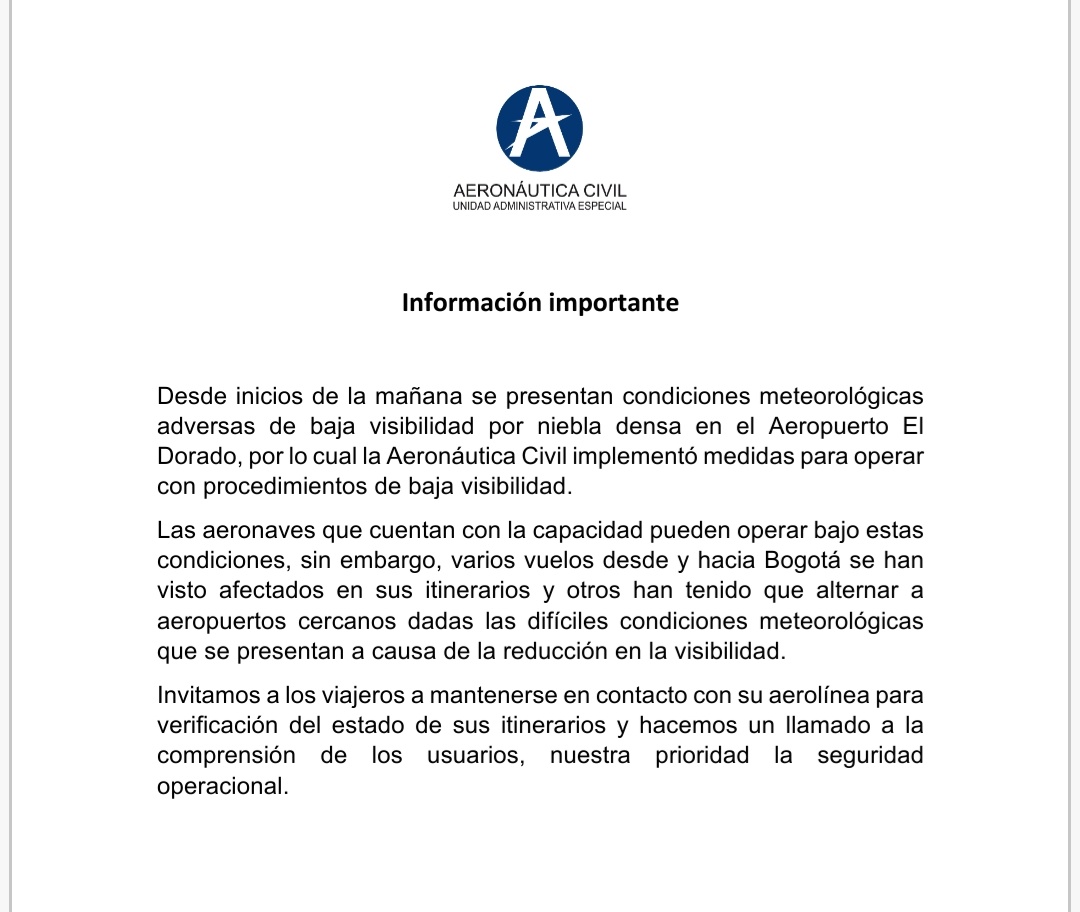 Por otra parte, el aeropuerto de Guaymaral se encuentra cerrado debido a las condiciones. Los demás aeropuertos del país mantienen sus operaciones de manera normal.