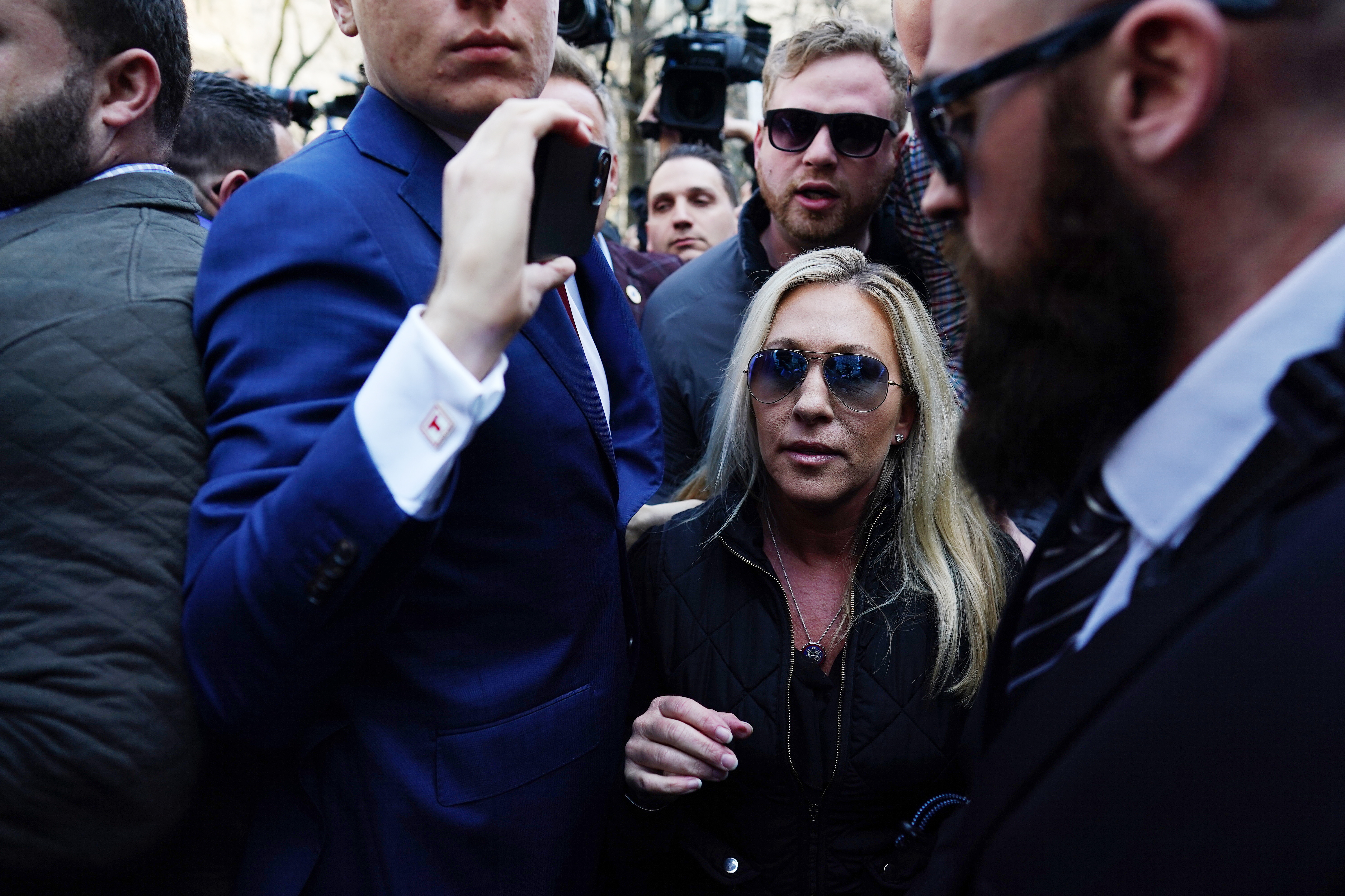 New York (United States), 04/04/2023.- Republican Representative Marjorie Taylor Greene of Georgia arrives at a demonstration outside New York Criminal Court in New York, New York, USA, 04 April 2023. A Manhattan grand jury voted to indict former President Donald J. Trump last week and he will turn himself in at the courthouse and appear before a judge to hear the charges against him later today. (Estados Unidos, Nueva York) EFE/EPA/WILL OLIVER