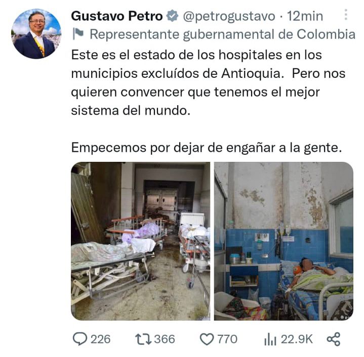 Trino del presidente Gustavo Petro en el que publicó las imágenes de los hospitales.