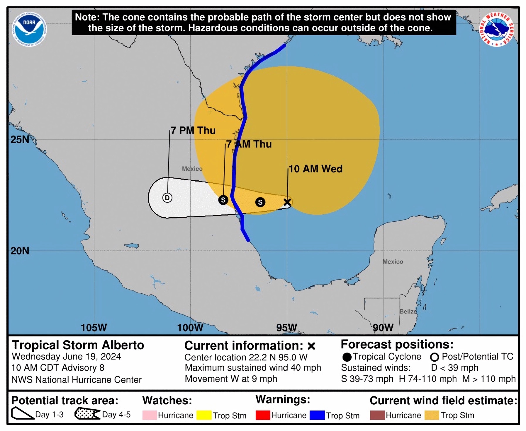 USA5896. MIAMI (ESTADOS UNIDOS), 19/06/2024.- Imagen cedida este miércoles por el Centro Nacional de Hurcanes (NHC) estadounidense donde se muestra el pronóstico de tres días del paso de la tormenta tropical Alberto en el Golfo de México. La tormenta tropical Alberto, la primera de este 2024 en el Atlántico, se formó este miércoles en el Golfo de México y amenaza con fuertes lluvias y vientos, tornados e inundaciones en México y la costa de Texas (EE.UU.), informó el Centro Nacional de Huracanes (NHC, en inglés) de Estados Unidos. EFE/NHC /SOLO USO EDITORIAL /NO VENTAS /SOLO DISPONIBLE PARA ILUSTRAR LA NOTICIA QUE ACOMPAÑA /CRÉDITO OBLIGATORIO