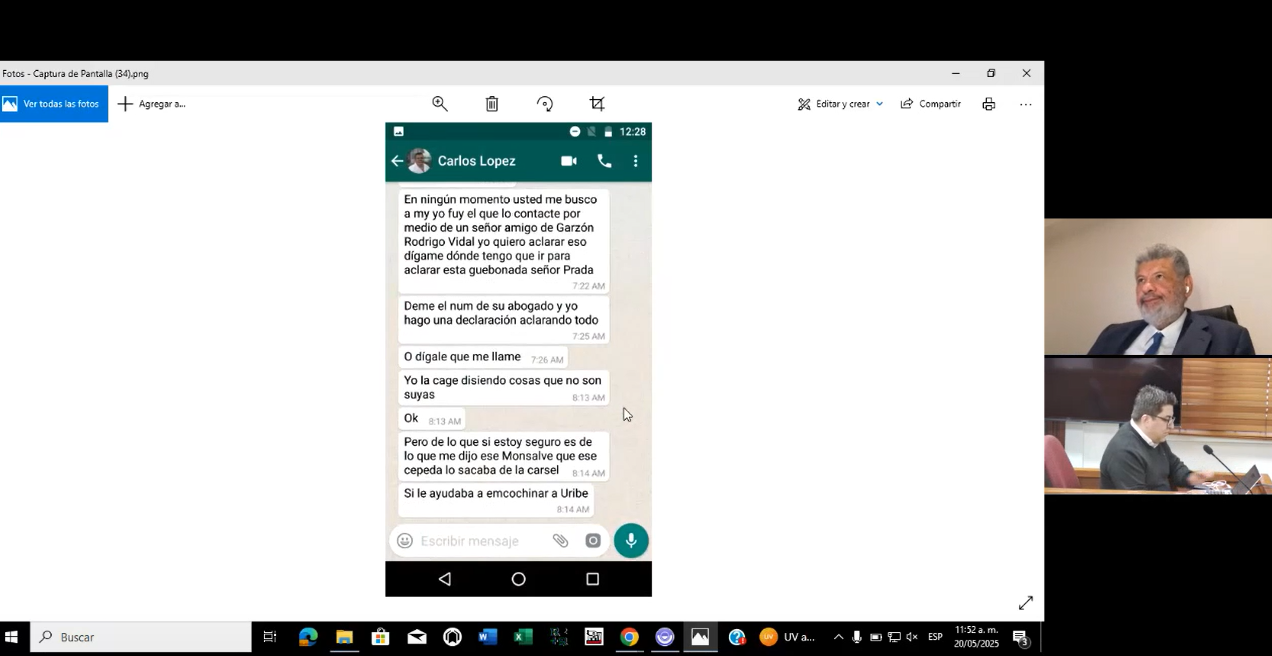 Material probatorio en el juicio contra Uribe, sobre las conversaciones de alias Caliche y el exrepresentante a la Cámara, Álvaro Hernán Prada.