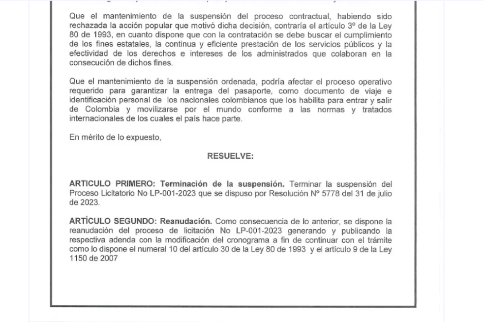 La resolución de la licitación de los pasaportes, publicada por el Ministerio de Relaciones Exteriores.
