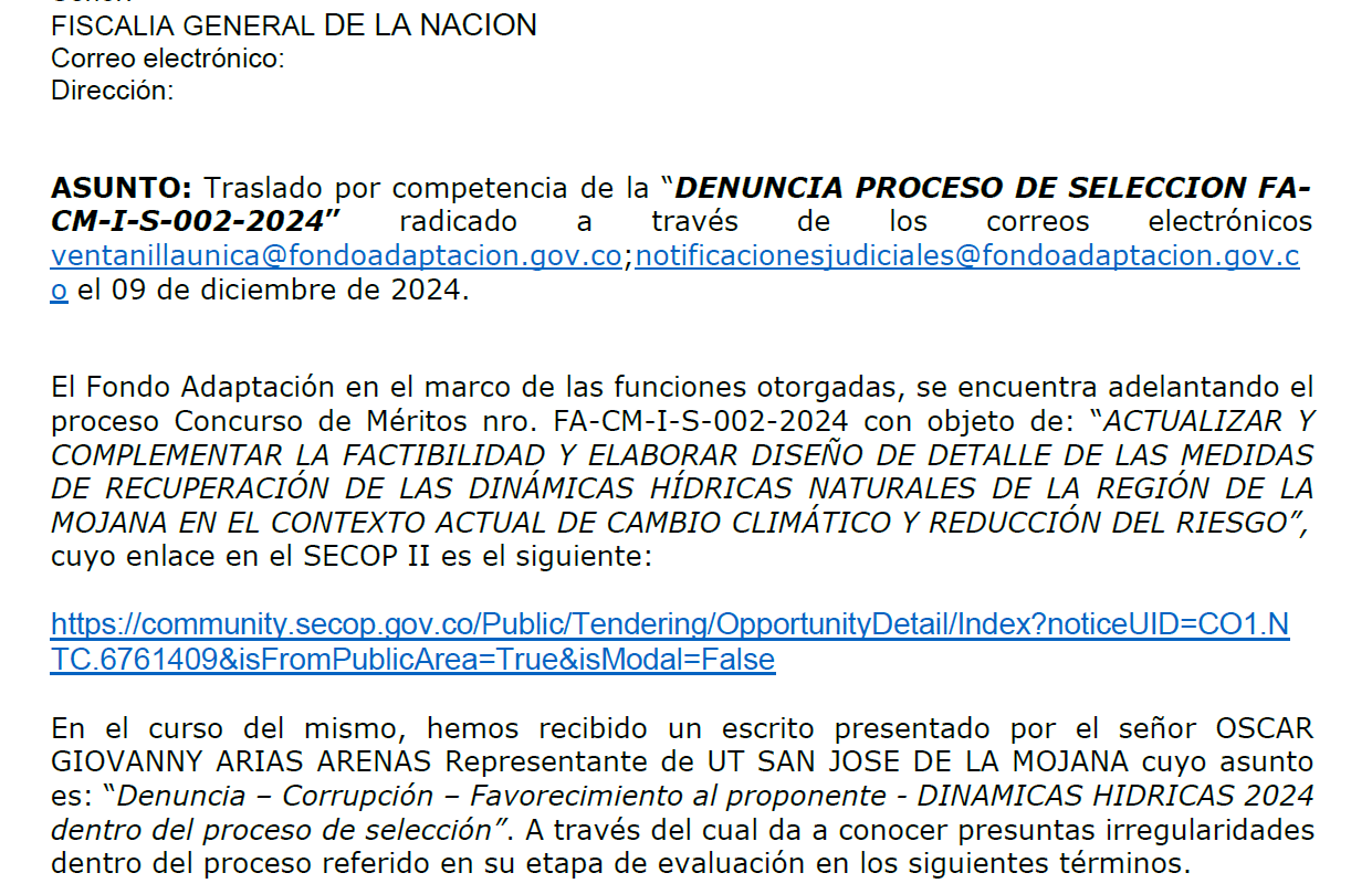 Denuncia sobre contrato en el Fondo de Adaptación.