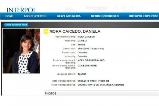 Daniela Mora en la alerta amarilla de Interpol.