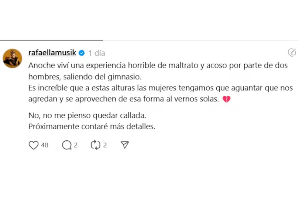 Rafaella reveló detalles de la mala experiencia que vivió con dos hombres al salir del gimnasio. Aseguró que siente miedo.