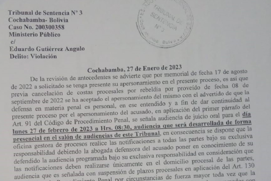 Citación al tercer juicio por el caso Brisa de Angulo, en Bolivia.
