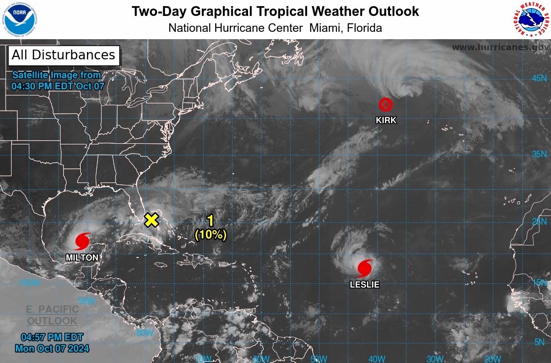 USA7544. MIAMI (FL, EEUU), 07/10/2024.- Fotografía satelital cedida por la Oficina Nacional de Administración Oceánica y Atmosférica (NOAA) a través del Centro Nacional de Huracanes (NHC) estadounidense de la localización de los huracanes Milton (i) en el Golfo de México y Leslie (abajo) en el Atlántico y la tormenta post tropical Kirk (d) hacia el norte. Partes de la costa oeste de Florida están ya bajo alerta de huracán y marejada ciclónica a la espera de la llegada del "extremadamente peligroso" huracán de categoría 5 Milton, que avanza este lunes por aguas del Golfo de México y podría impactar esta noche primero en Yucatán (México). EFE/ Oficina Nacional de Administración Oceánica y Atmosférica /SOLO USO EDITORIAL/SOLO DISPONIBLE PARA ILUSTRAR LA NOTICIA QUE ACOMPAÑA (CRÉDITO OBLIGATORIO)