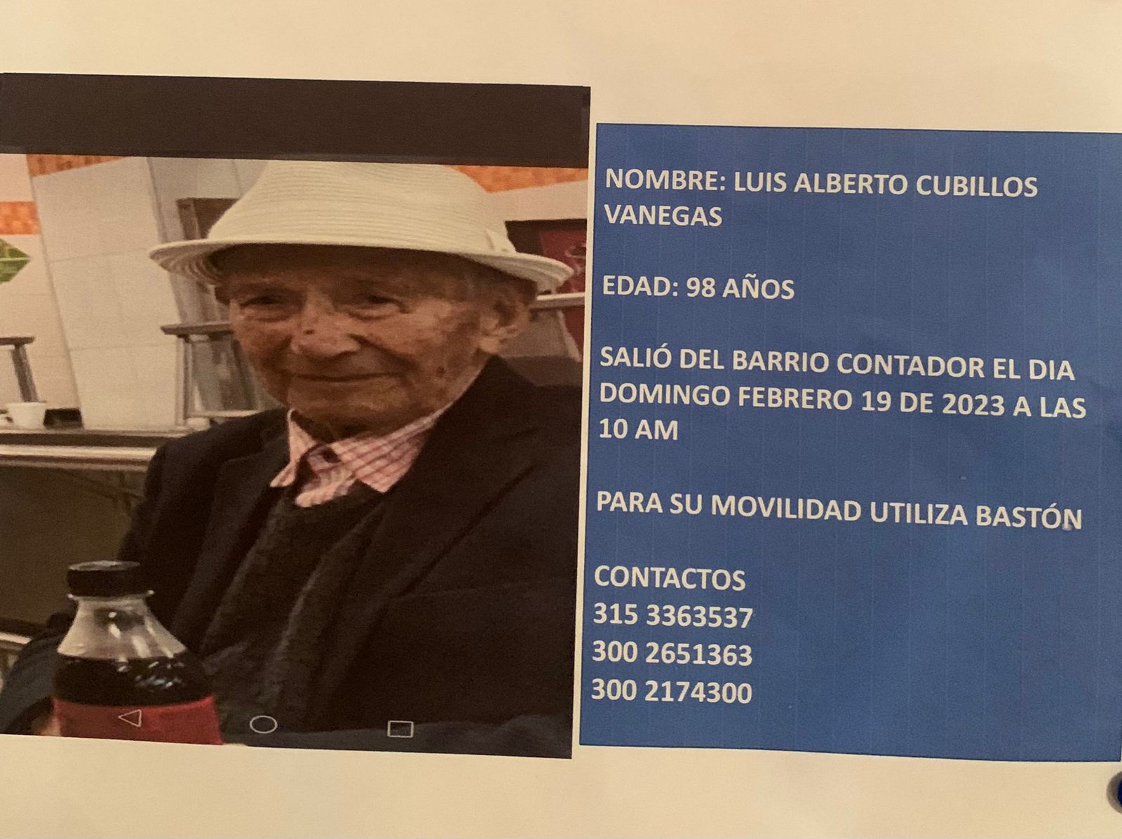 Desaparecido: Adulto de 98 años le dejó a su esposa las llaves y se marchó