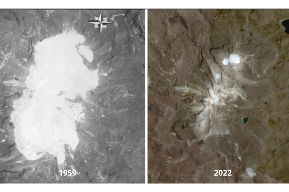 Así se ve, desde imágenes satelital, la pérdida de área glaciar del nevado Santa Isabel. Este glaciar no alcanza los 5.000 metros de altura, una de las razones que ayudan a explicar su rápido derretimiento.