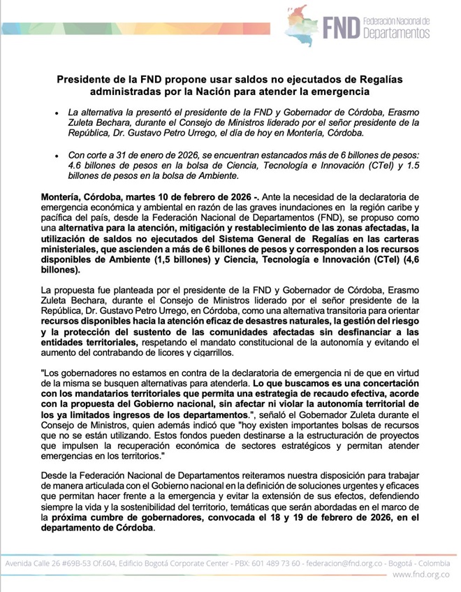Este es el comunicado de la Federación Nacional de Departamentos.