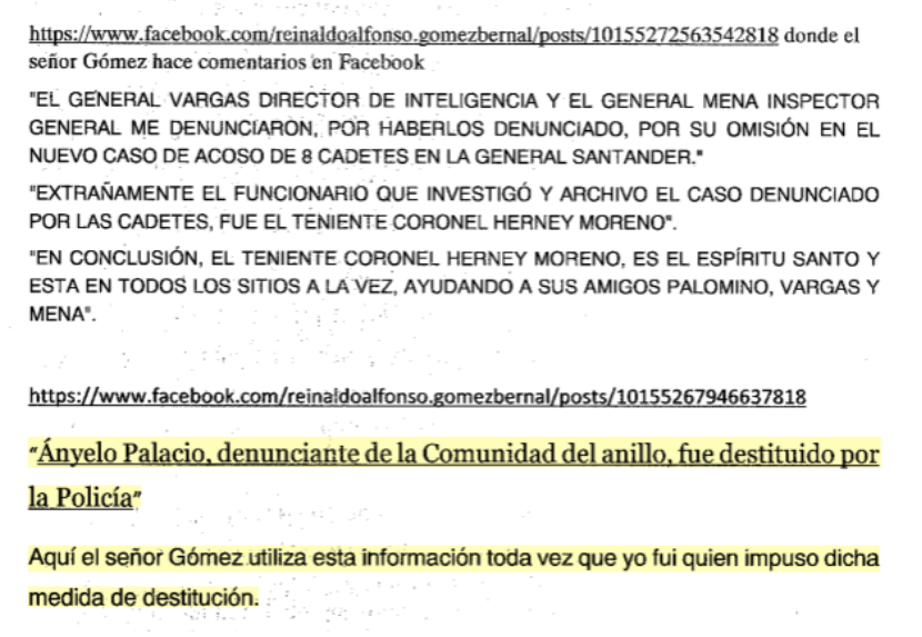 Fragmento del memorial del coronel Herney Moreno