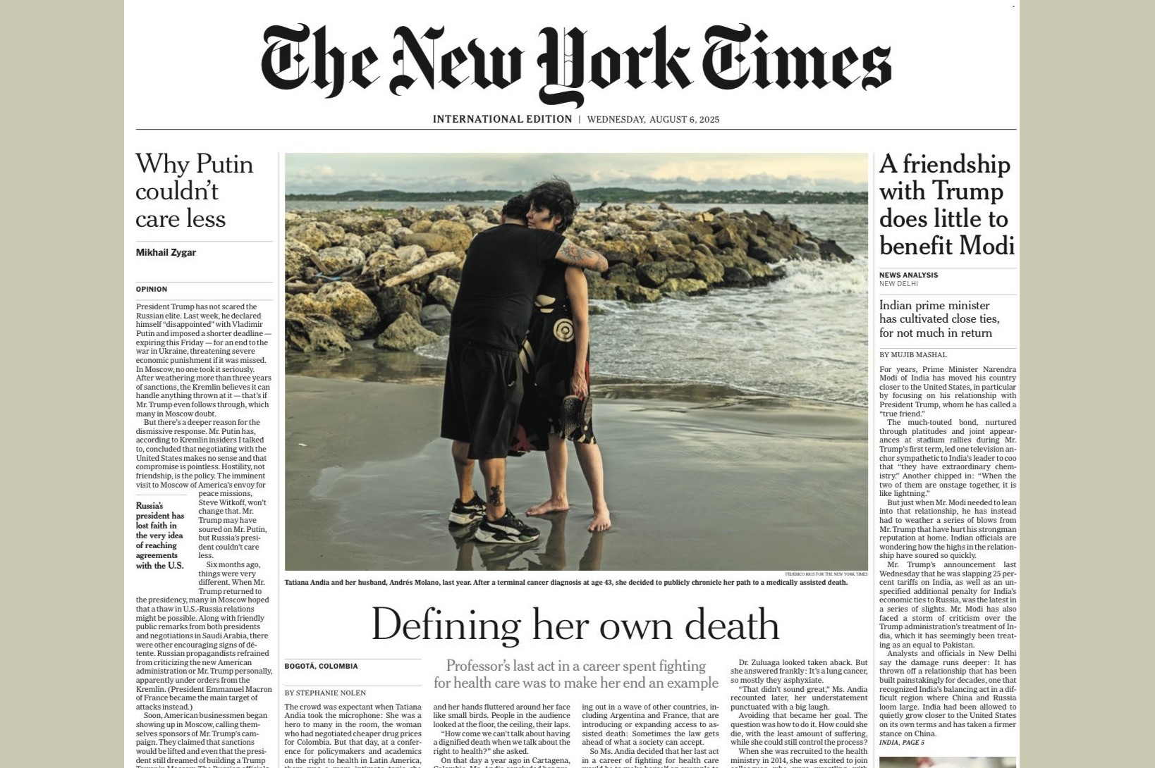 Facsímil de la portada de la edición internacional impresa de The New York Times con el reportaje sobre la muerte asistida de la académica colombiana Tatiana Andia.