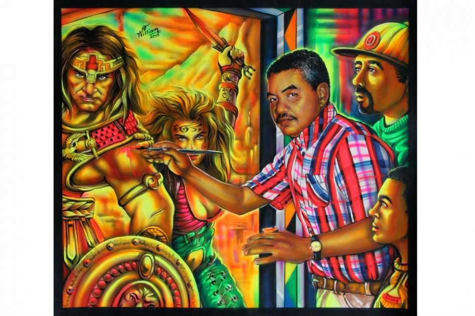 Autorretrato de William Gutiérrez Peñaloza. Pintura comisionada al artista por Populardelujo. Aerógrafo y pincel sobre lienzo 94 x 83 cm (2013). / Foto: Archivo Populardelujo.