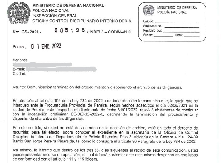 Oficio de la Policía informando que se archiva la investigación.