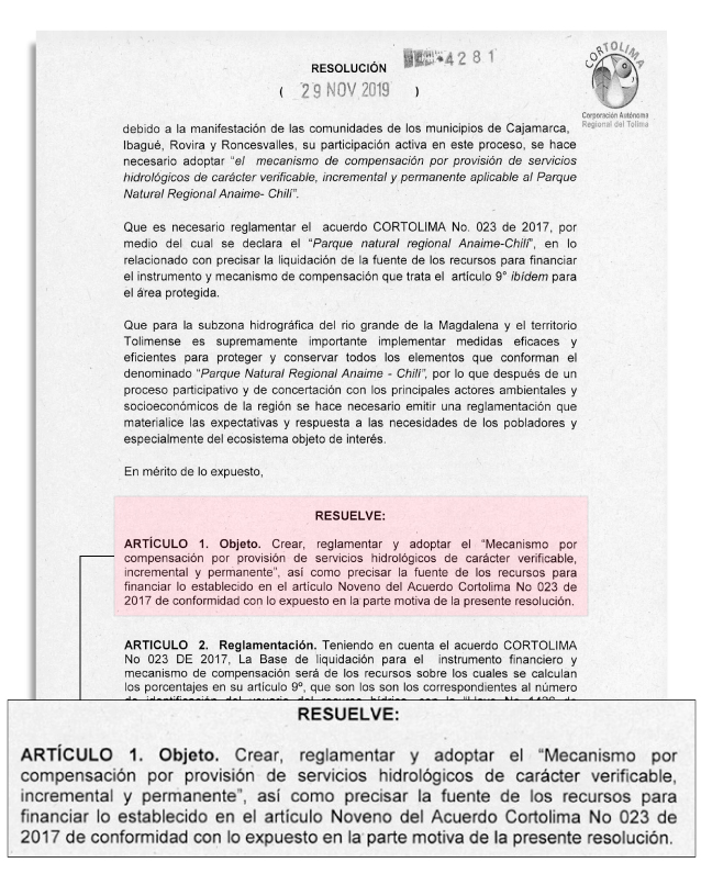 Resolución 4891 de 2019 sobre compensación a familias, por parte de Cortolima.