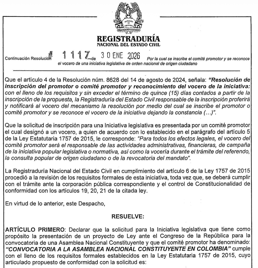 Resolución de la Registraduría que avala el comité constituyente.