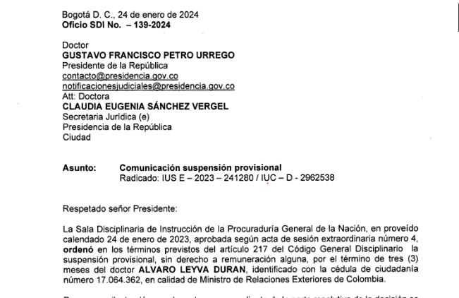 Imagen de la comunicación enviada por la Procuraduría.