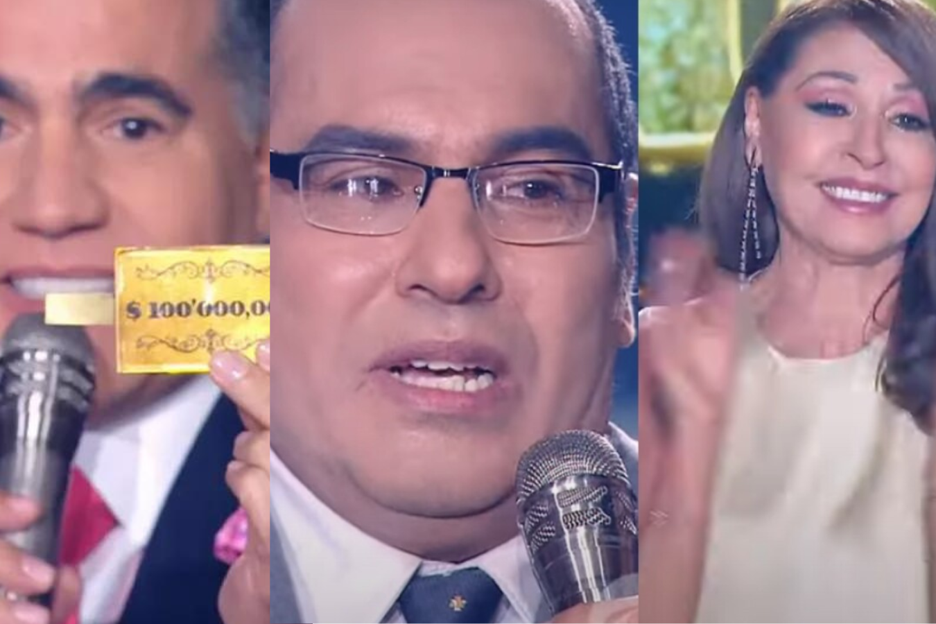 Carlos Calero, el presentador del programa Yo Me Llamo (i), el imitador de Alci Acosta y Amparo Grisales, jurado principal.