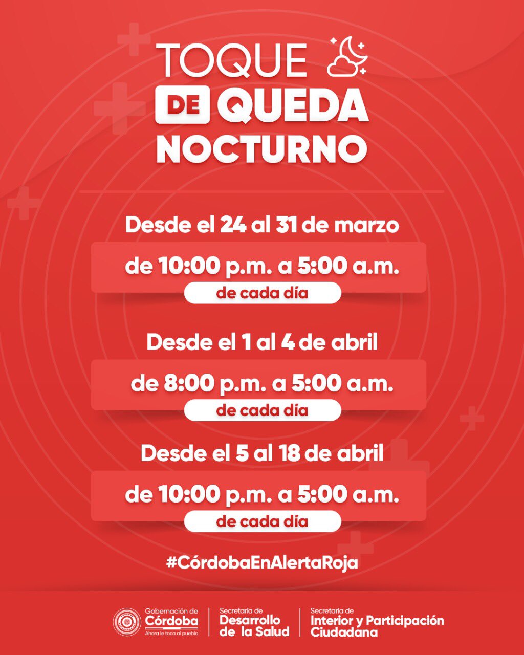 Estos son los horarios del toque de queda en Córdoba en sus tres fases.