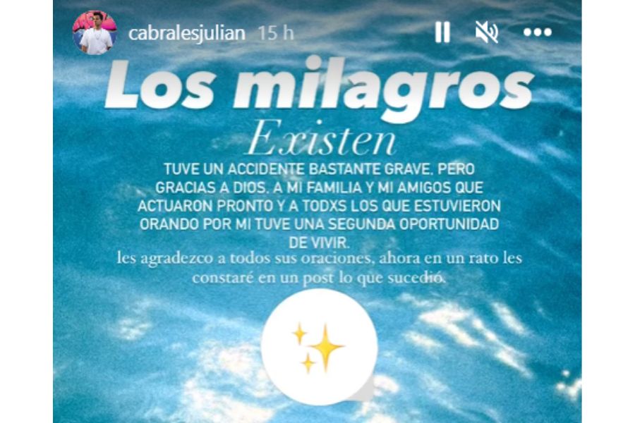 Publicación de Instagram de Julián Cabrales después de sufrir el accidente.
