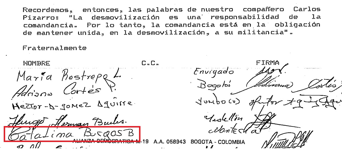 Manusctito firmado en 1991 por exmilitantes de la guerrilla del M-19.