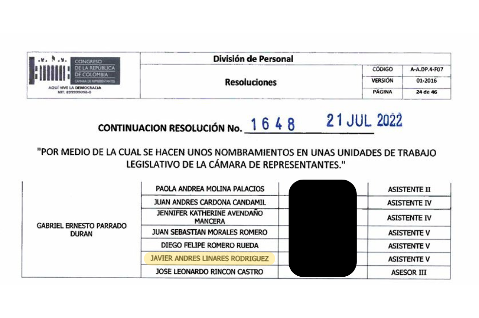 Javier Andrés Linares Rodríguez fue integrante de la UTL del representante a la Cámara del Pacto Histórico, Gabriel Parrado.