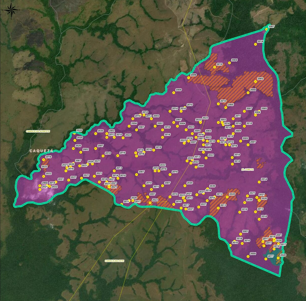 Predio La Maporita, en San Vicente del Caguán. Los puntos amarillos son puntos de calor, las franjas rojas son cicatrices de quemas y en morado se visualiza el área deforestada.
