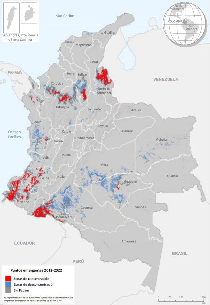 En rojo, las zonas de alta concentración de cultivos de coca. En azul, zonas donde ha bajado significativamente la siembra de esta planta de uso ilícito.